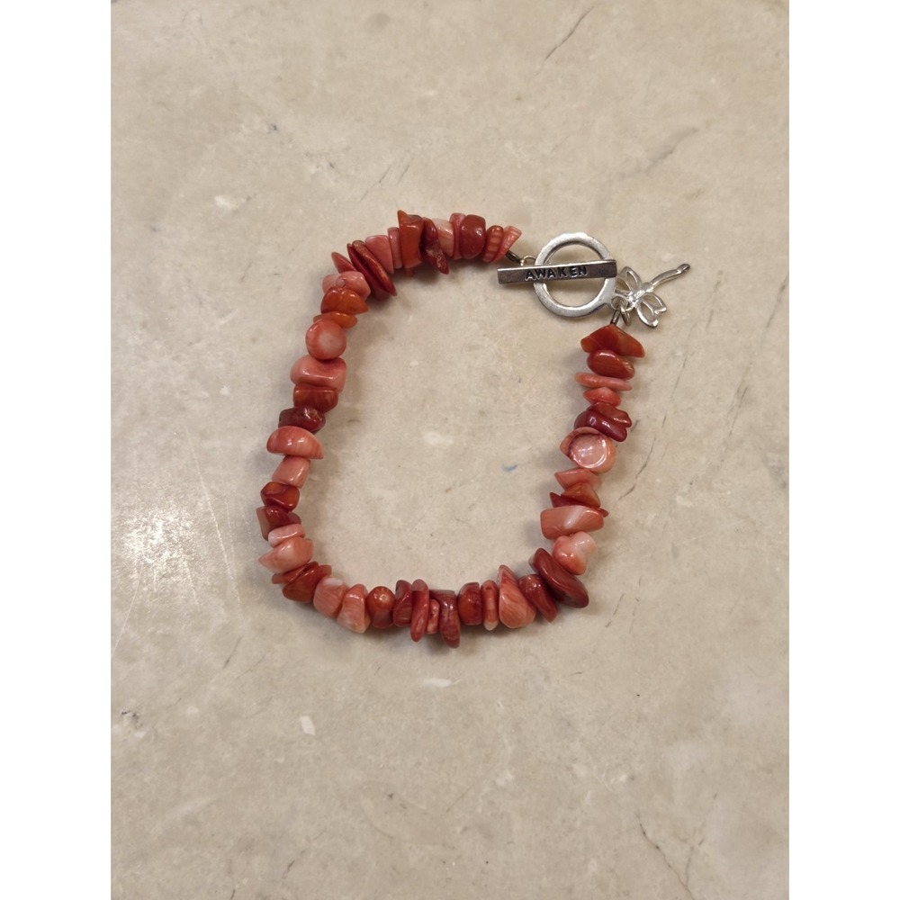 Branch Red Coral Stretch Bracelet Sterling Silver Clasp & Dragonfly Charm MC 925